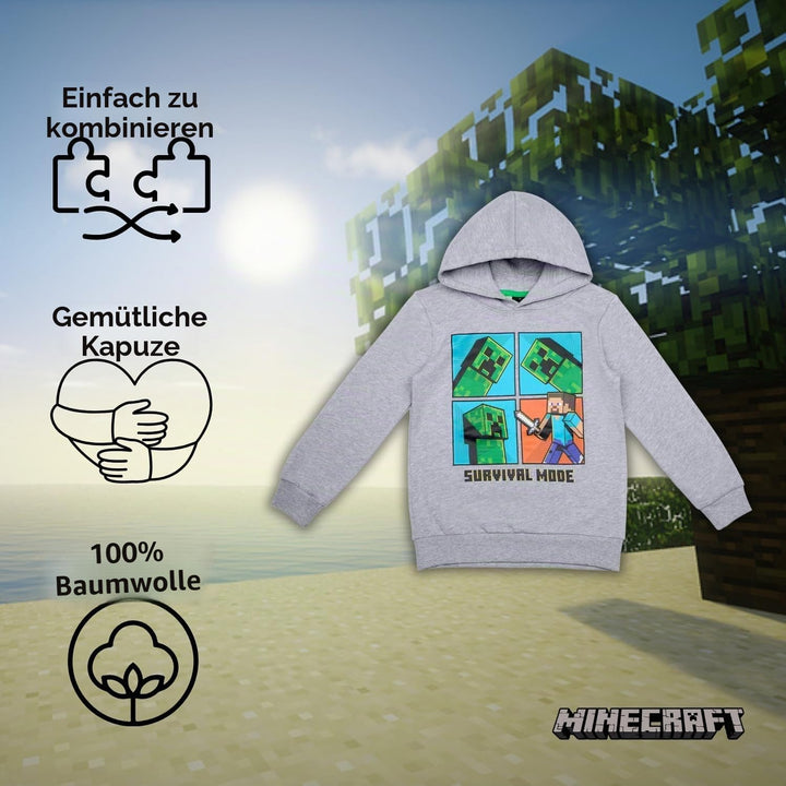 Minecraft Jungen Creeper Hoody Kapazenpullover 128 Grau 3, 128 Grau 3