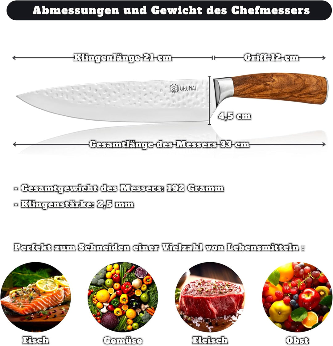 URUMAH Kochmesser 33cm - Griff aus italienischem Olivenholz - Scharfes Küchenmesser - Klinge aus hoc