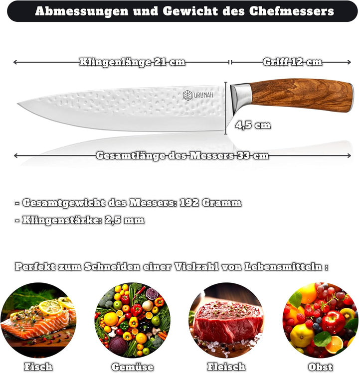 URUMAH Kochmesser 33cm - Griff aus italienischem Olivenholz - Scharfes Küchenmesser - Klinge aus hoc