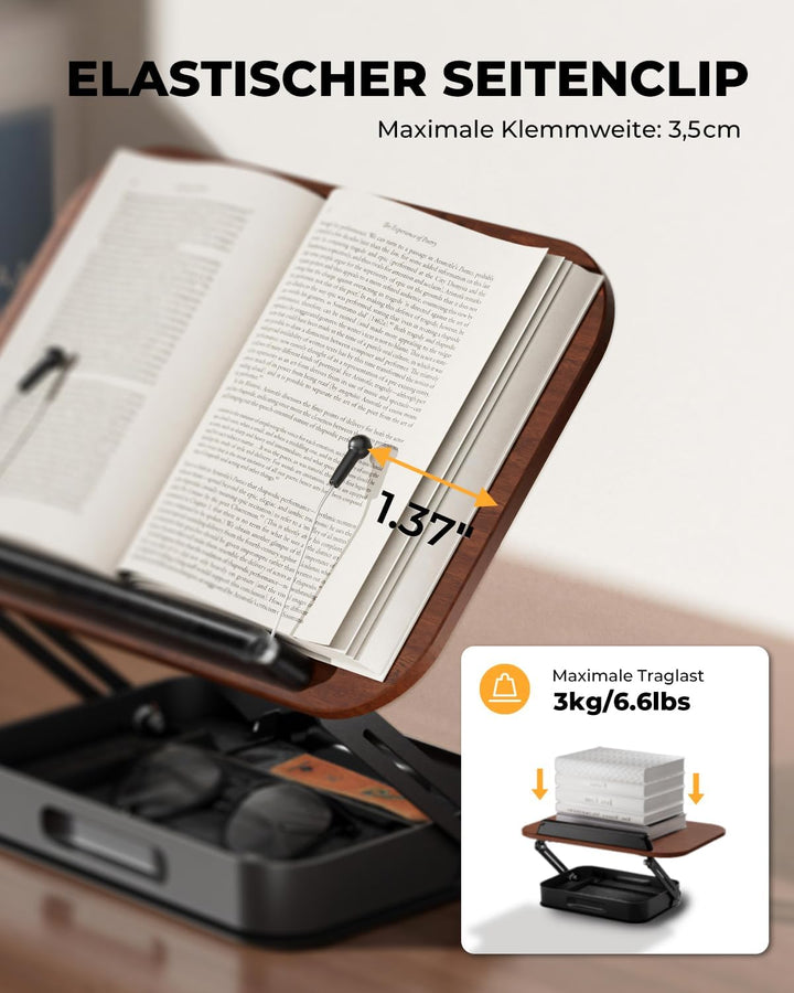 SupeDesk Buchständer Holz mit praktischem Stauraum, 360° drehbarer Buchhalter Leseständer, höhenvers
