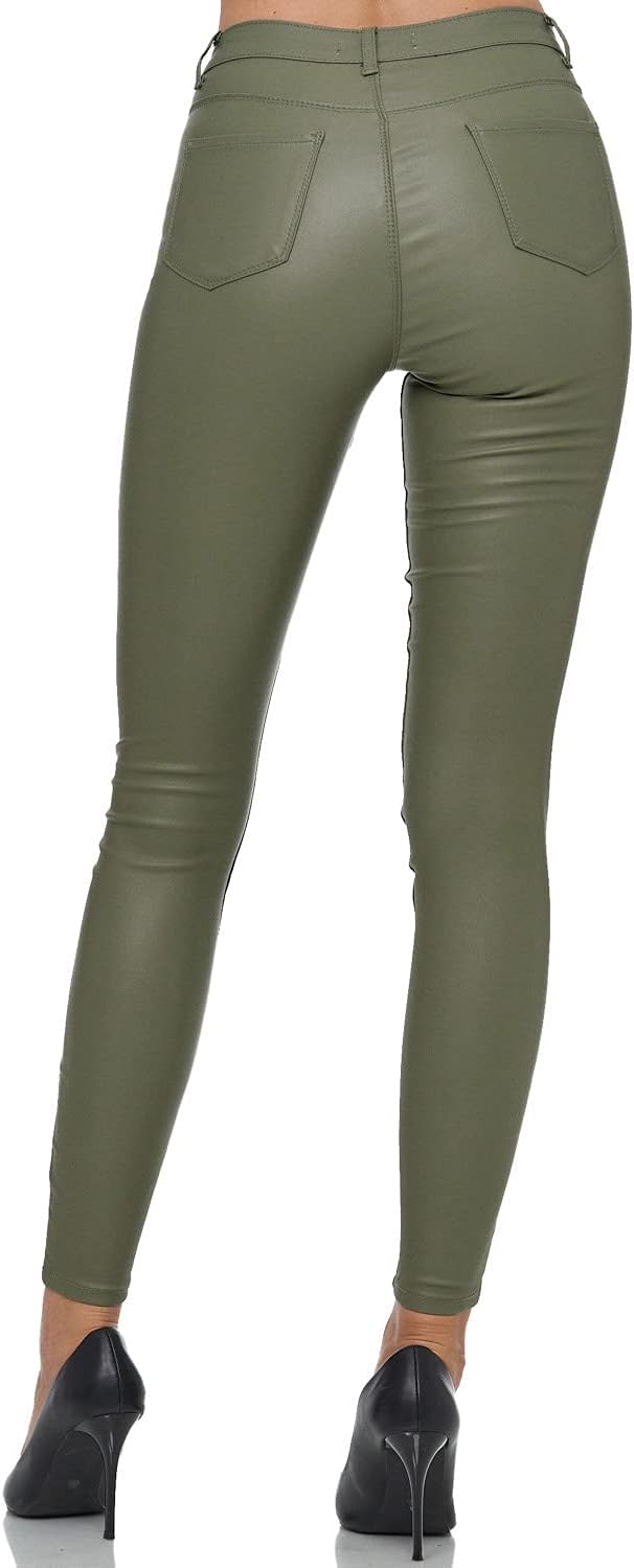 Gloop Skinny Fit Jeans Fit-Hose mit Ledereffekt Smooth Coated Pant Armeegrün S, Armeegrün S