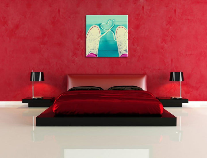 Herzform aus Schnürsenkeln, Format: 70x70 auf Leinwand, XXL riesige Bilder fertig gerahmt mit Keilra