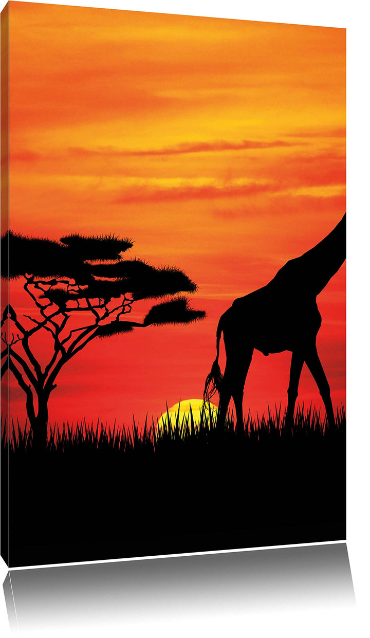 Pixxprint Afrika Giraffen im Sonnenuntergang / 100x70cm Leinwandbild bespannt auf Holzrahmen/Wandbil