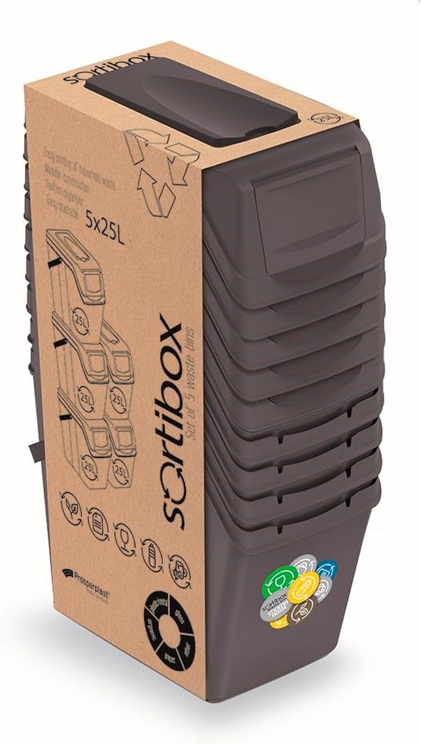 Prosperplast 5er Set Sortibox 125L Recyclingeimer aus Kunststoff in Anthrazit, 5x25L Anthrazit 5