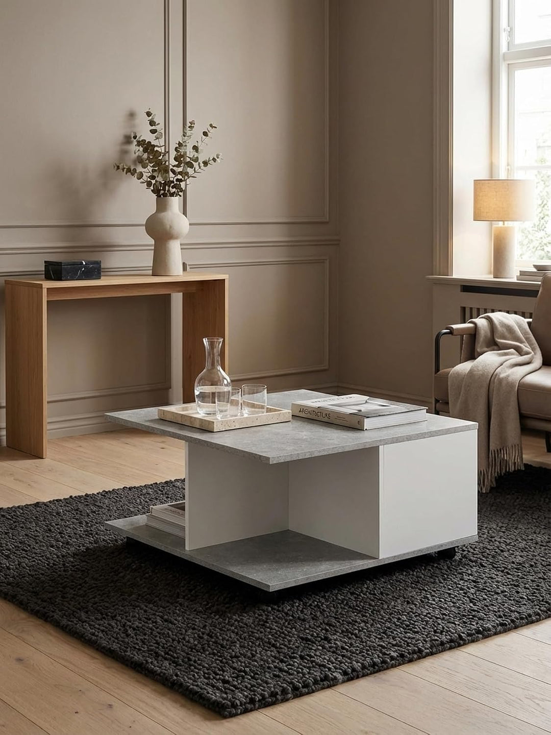 Couchtisch RAPIDO: 70x70x36,5 cm, 2 Schubladen, Rollen, Melaminharzbeschichtung, Weiss/Anthrazit Far