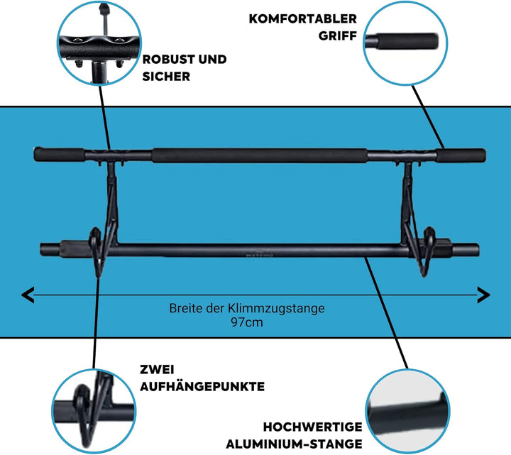 MATCHU - Pull up bar PRO - Klimmzugstange - Keine Schrauben - Rutschfest - Im Türrahmen - Aluminium