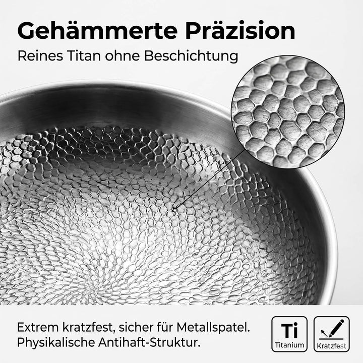 Titan Pfanne 28 cm mit Deckel, Unbeschichtete Titan Bratpfanne mit Gehämmertem Design, Kratzfeste Ph