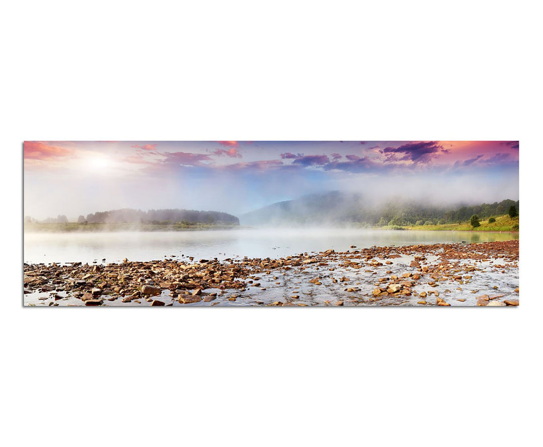 Paul Sinus Art Panoramabild auf Leinwand und Keilrahmen 150x50cm Ukraine Sommer Berge Nebel Sonnenst