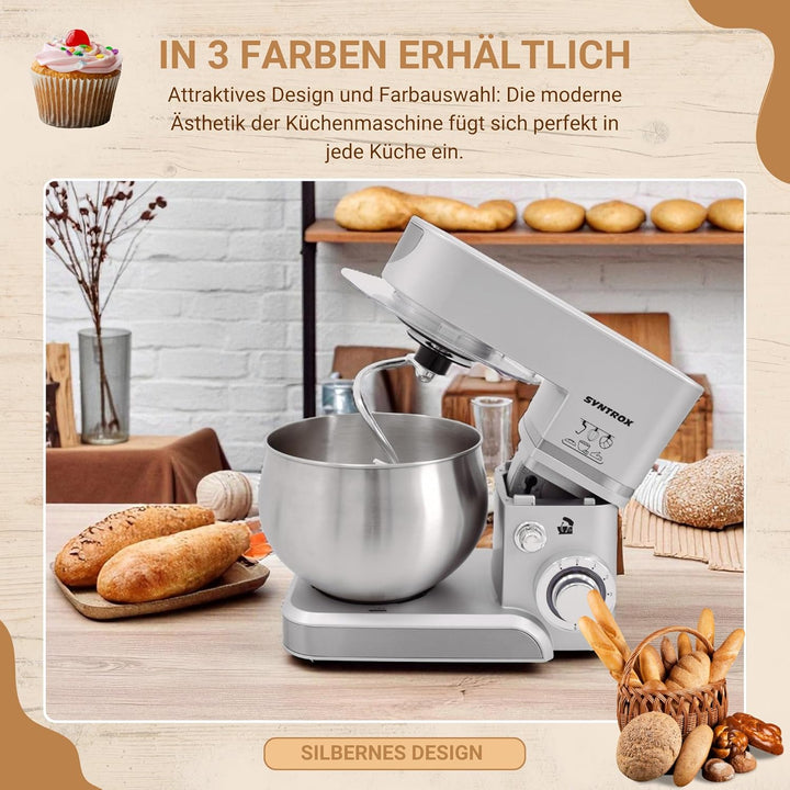 Syntrox Küchenmaschine & Knetmaschine Silber Basic 5 Liter, Stabile rutschfeste Gummifüsse, Hochwert