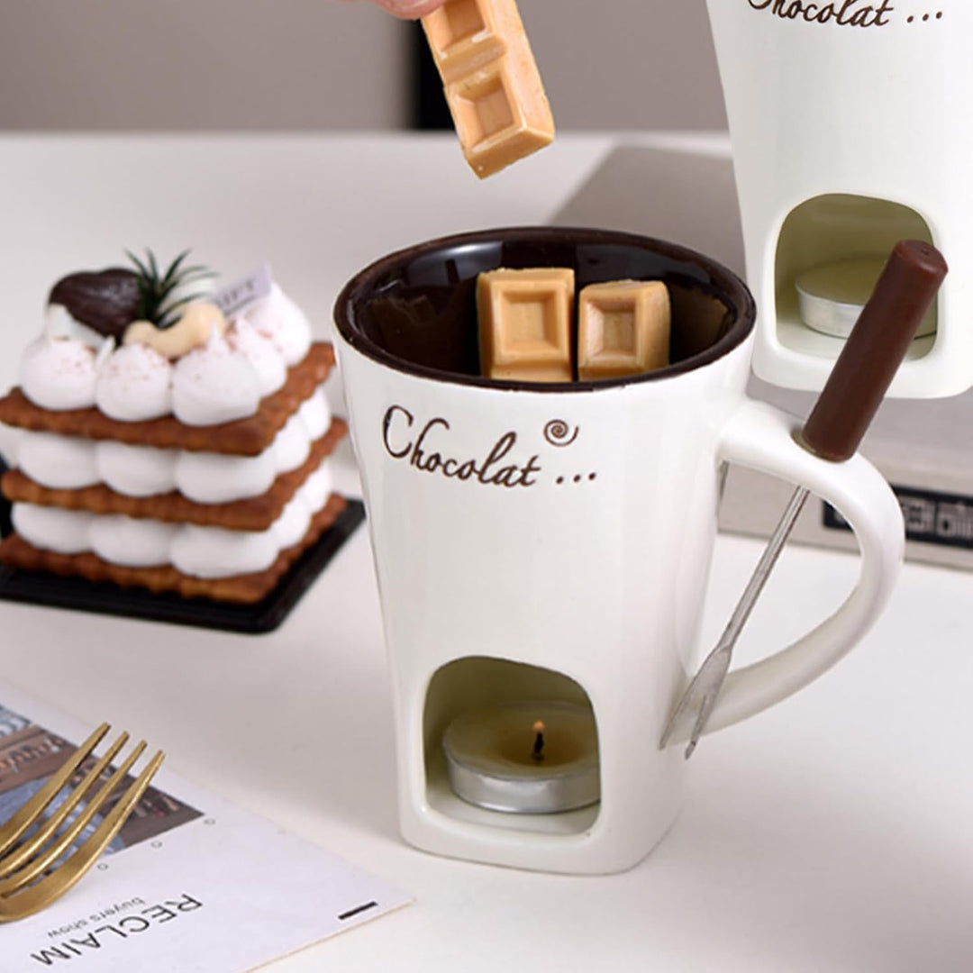 BEAHING 2pcs Schokoladenfondue Tasse 200 ml hitzebeständige Keramikschokoladenfondue mit Gabeln glat