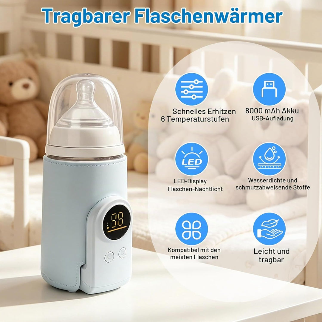 Flaschenwärmer Baby mit 6-Temperaturstufen (38°C-50°C), Tragbarer Flaschenwärmer Akku mit LCD-Displa