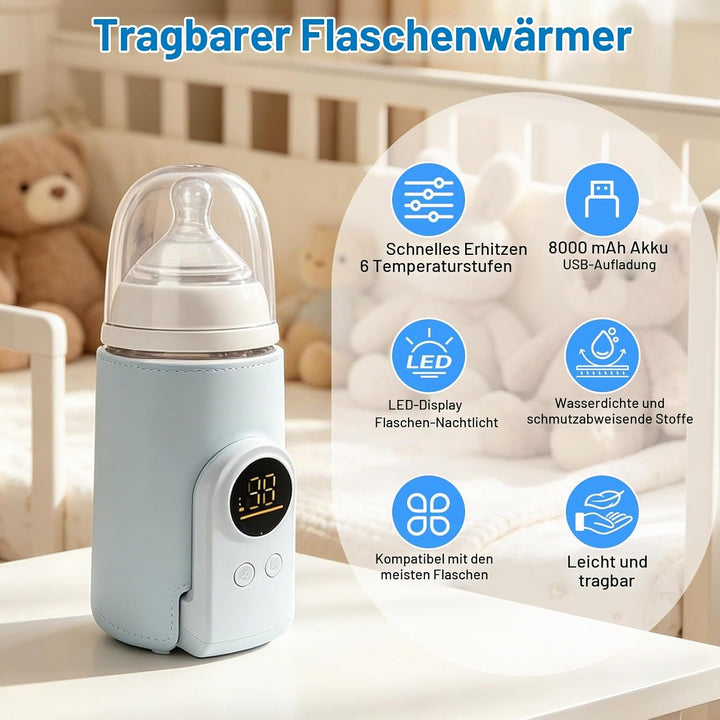 Flaschenwärmer Baby mit 6-Temperaturstufen (38°C-50°C), Tragbarer Flaschenwärmer Akku mit LCD-Displa