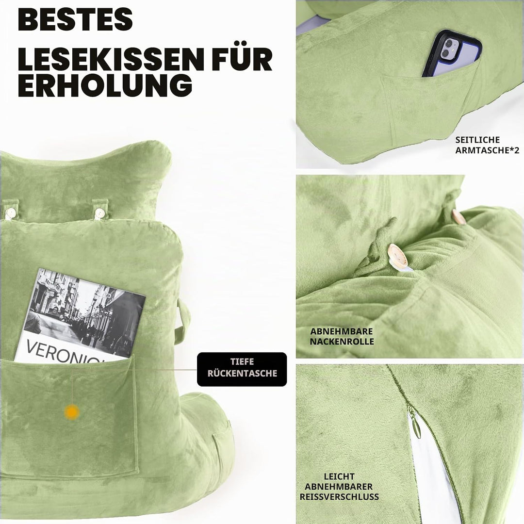 SLIGUY Lesekissen, Bettruhe Kissen mit abnehmbarer Nackenrolle und höherem Stützarm zum Sitzen im Be