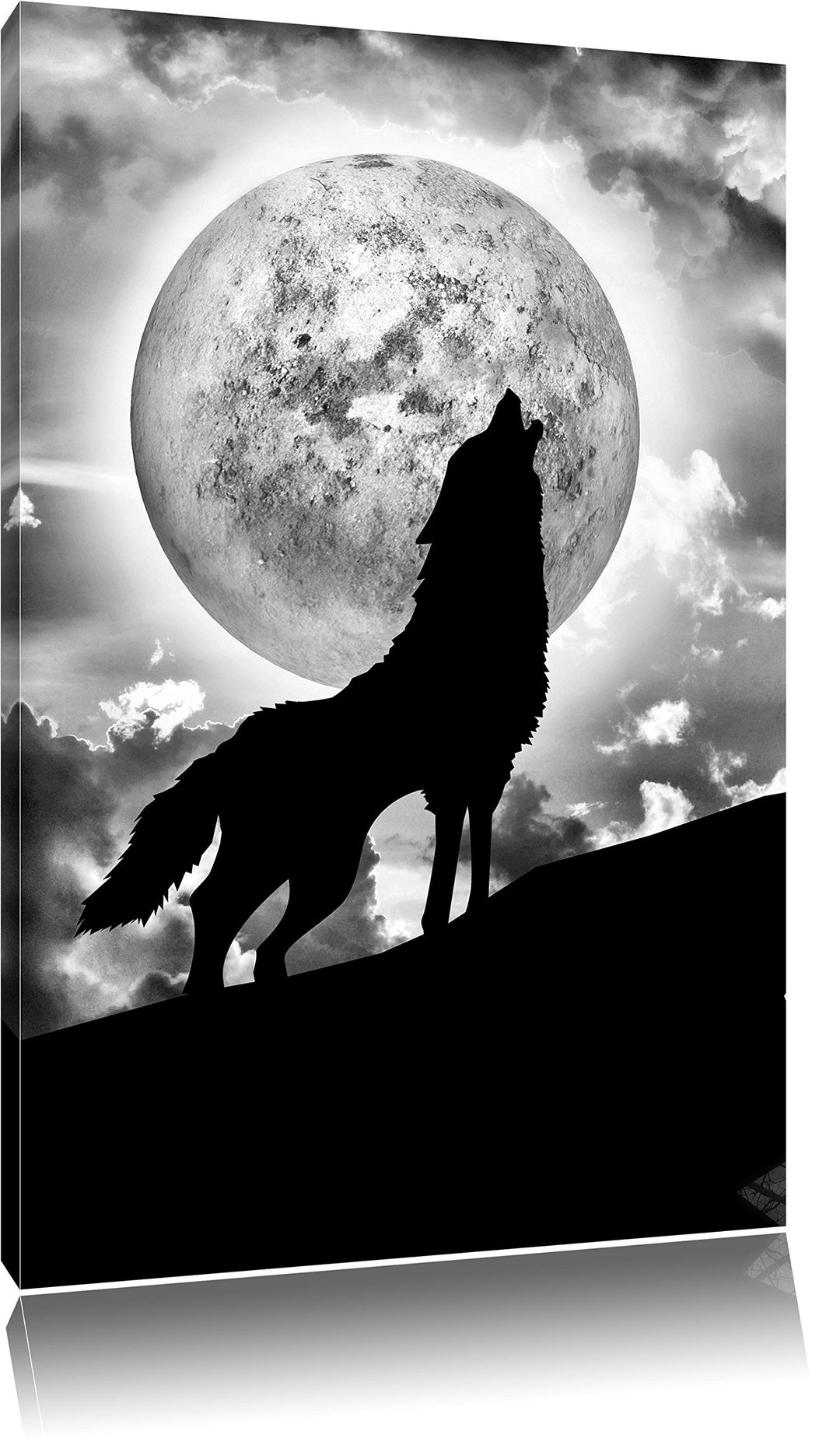 Pixxprint Wolf heult Mond an als Leinwandbild/Grösse: 100x70 cm/Wandbild/Kunstdruck/fertig bespannt,