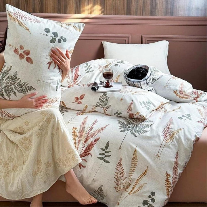 Freyamy Baumwolle Bettwäsche 135x200cm Beige Bunt Pflanzenblätter Ästhetik Bettwäsche-Sets Pflanzenm