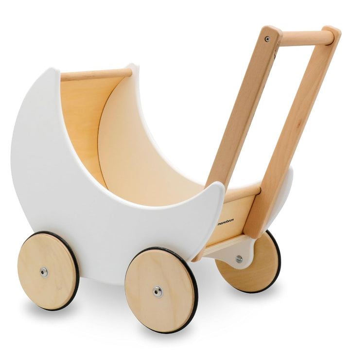 Mamabrum Holzwagen für Puppen und Bären, Baby Pöckchen 1+, Spielwagen für Kinder ab 1 Jahr, Rutschhe