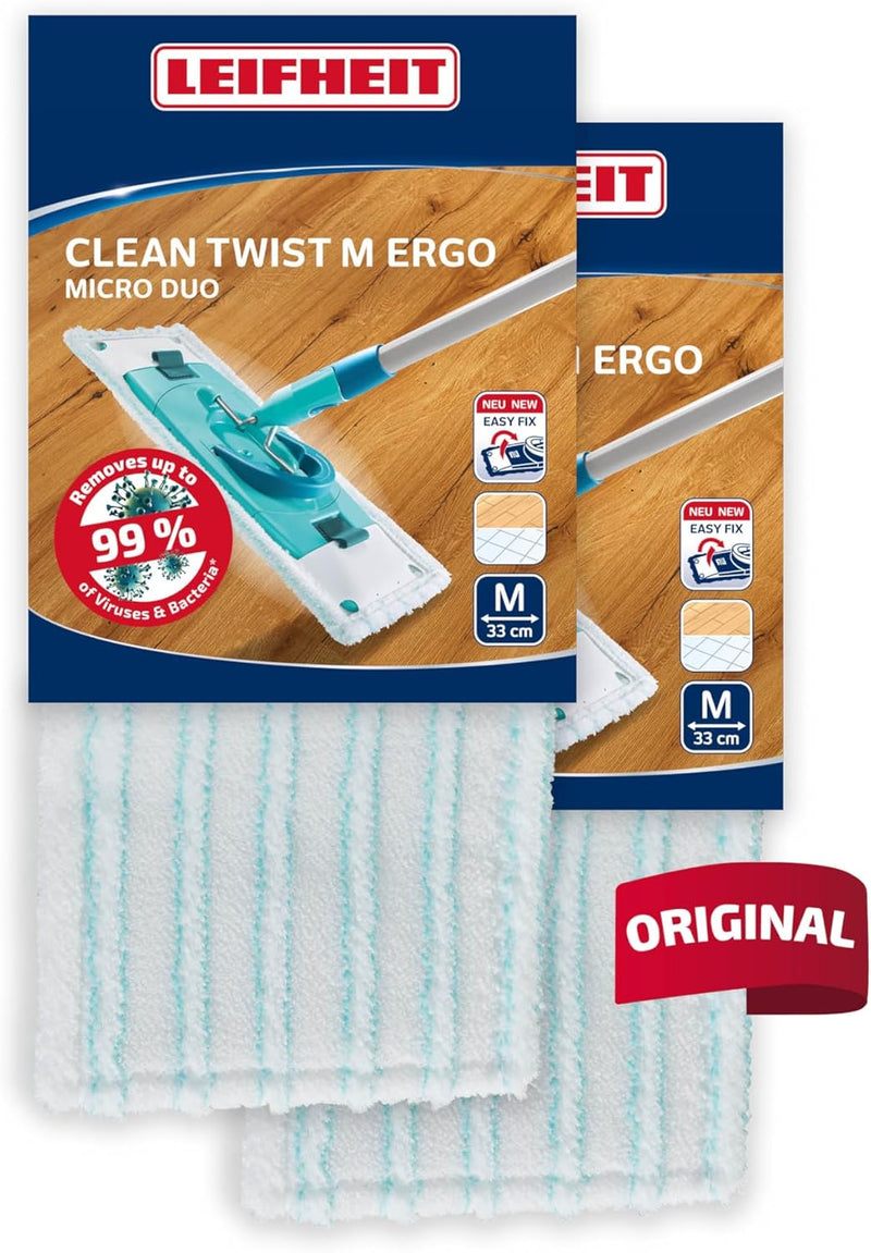 Leifheit 2er Set Wischbezug Clean Twist M Ergo micro duo, für alle glatten Böden, Bodenwischer Ersat