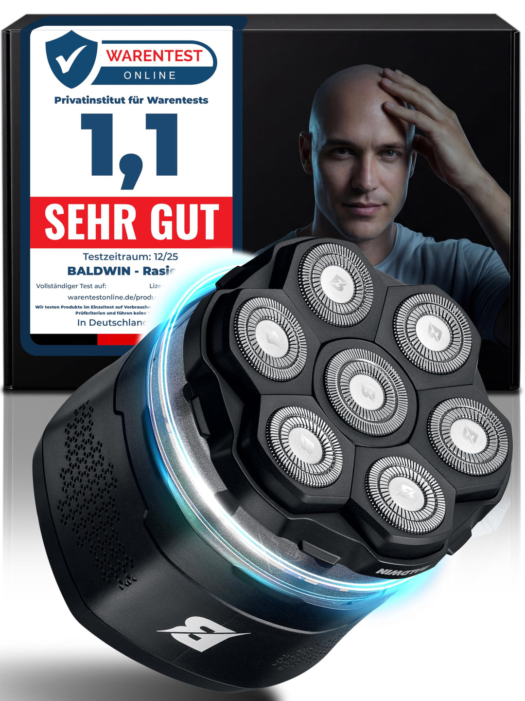 BALDWIN Glatzen Rasierer Herren – Glatzenrasierer 7D mit Magnetischen Scherkopf | Kopfrasierer Glatz
