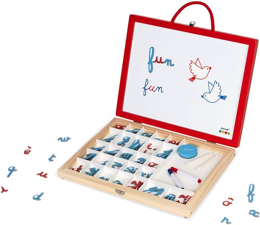 Janod - Essentiel - 4-in-1 Schreibkoffer aus Holz - Lernspiel - Buchstaben und Lesen lernen- 110 Zub