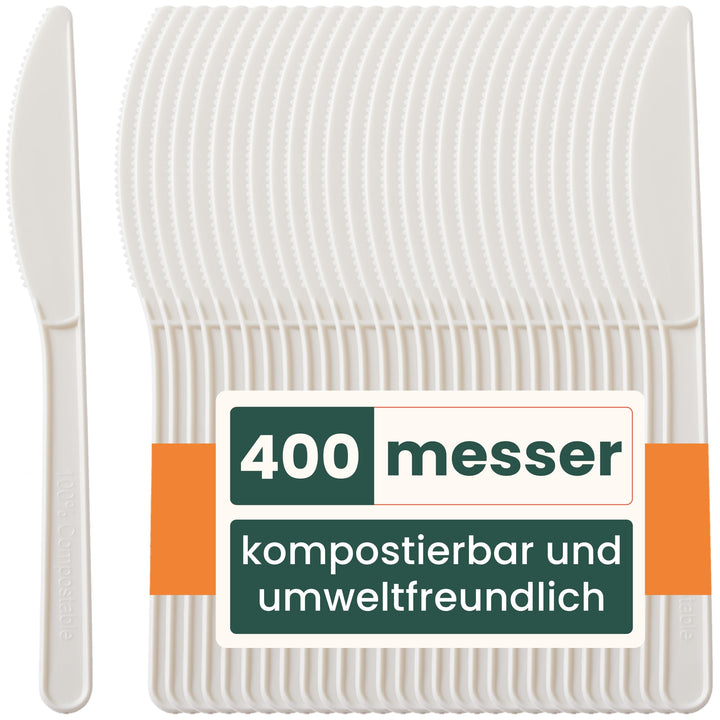 HAAGO 400 Messer Besteck Wiederverwendbar - Biologisch Abbaubar (Weiss, 17,7 cm) - Umweltfreundliche