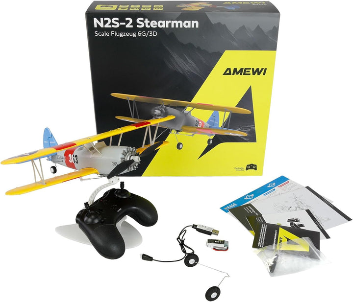 Amewi AMXFlight N2S-2 Stearman 360mm 6G/3D 6-Kanal RTF ferngesteuert Flugzeug RC, Gelb