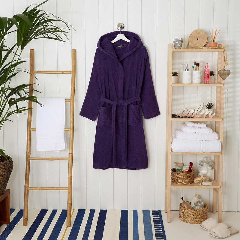 Bademantel Damen Frottee, Baumwoll Sauna Bademantel Damen, M Dunkellila Kapuze