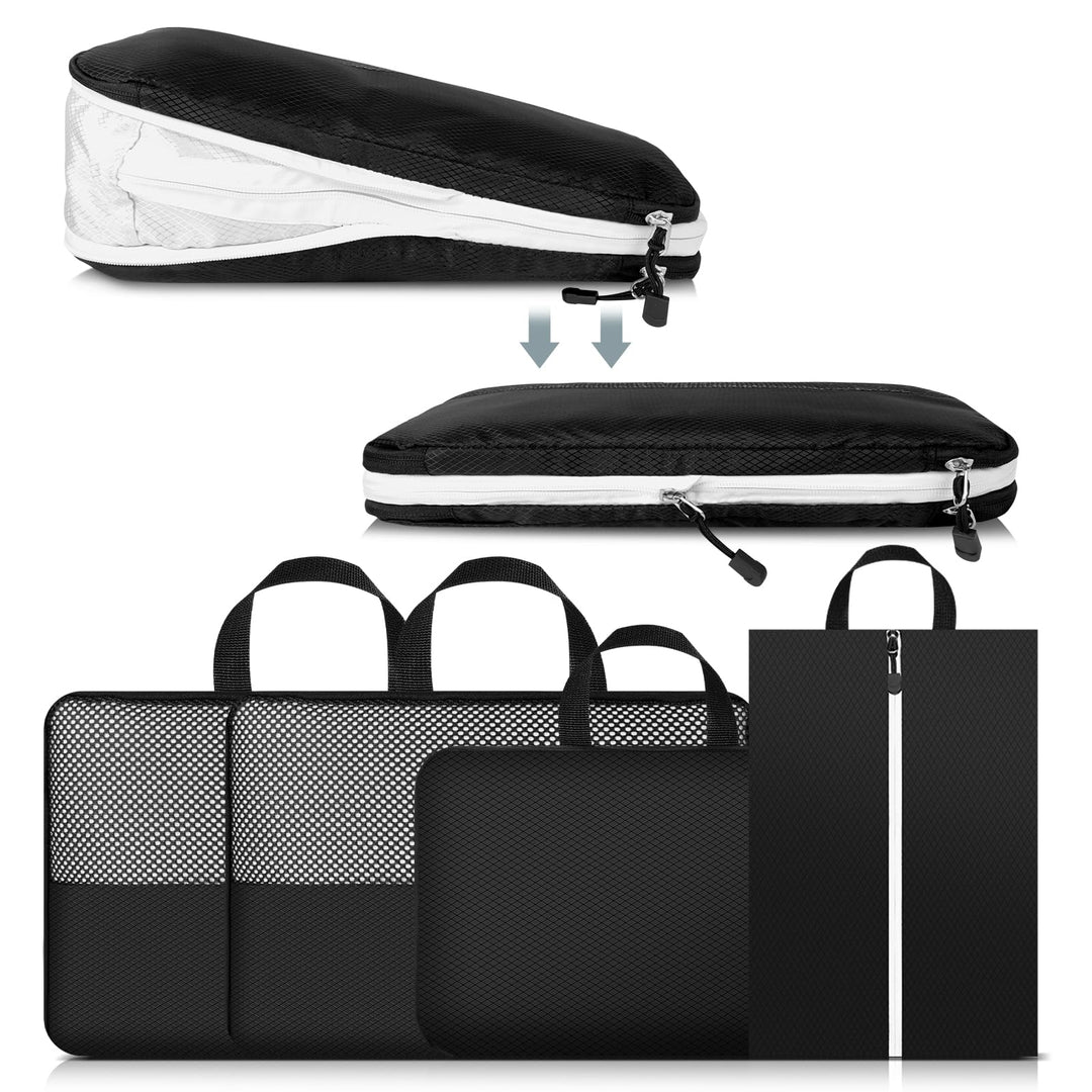 Cozary Kompressions-Packwürfel mit Schuhbeutel 4er-Set, Doppelseitig Kofferorganizer Handgepäck Pack