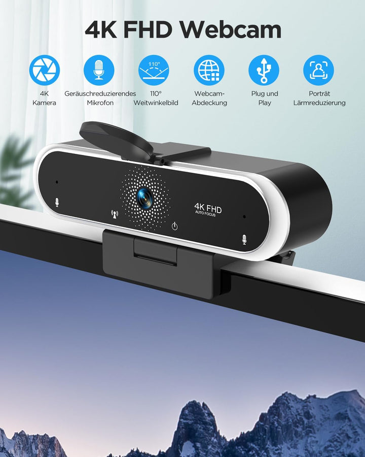 NIVEOLI Webcam 4K mit Mikrofon und Webcam Abdeckung, Stativ, Desktop, für Live-Streaming, Videoanruf