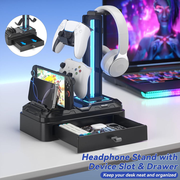 KDD Gaming Kopfhörer Ständer Led mit USB A Typ-C Ladegeräten, Headset Halterung Tisch & Abnehmbar Co