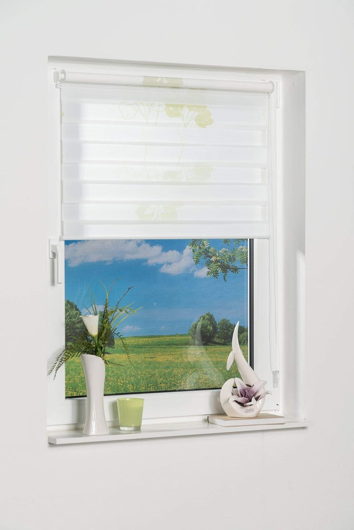 K-home Klemmfix Doppelrollo Denia ohne Bohren Grün 100 x 150 cm (B x L) Design:Blume Blume (Grün) 10