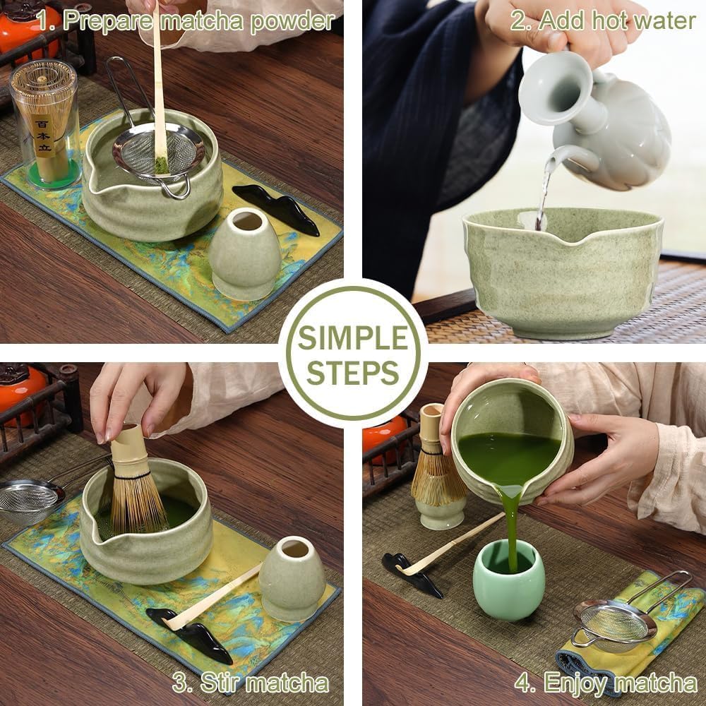 5 Stück Matcha Set, Bambus Matcha Besen, Keramik Matcha Schale mit Ausgiesser, Matcha Whisk, Schaufe