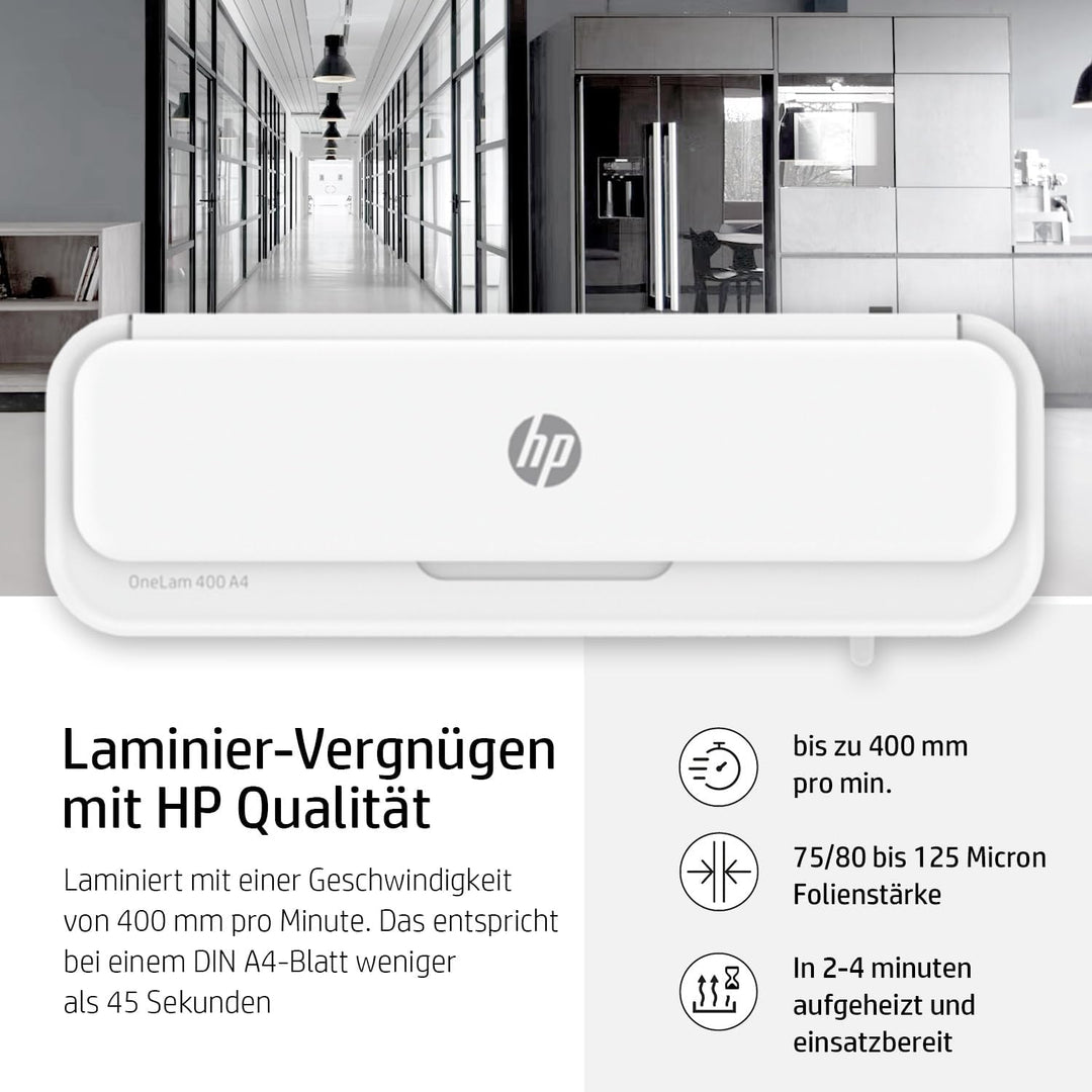 HP OneLam 400 A4, Laminiergerät, 75/80 - 125 Micron, inklusive Schneidelinieal, Eckenabrunder und La