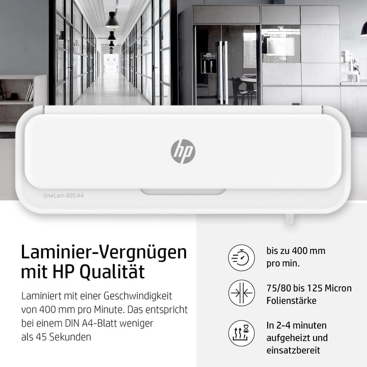 HP OneLam 400 A4, Laminiergerät, 75/80 - 125 Micron, inklusive Schneidelinieal, Eckenabrunder und La