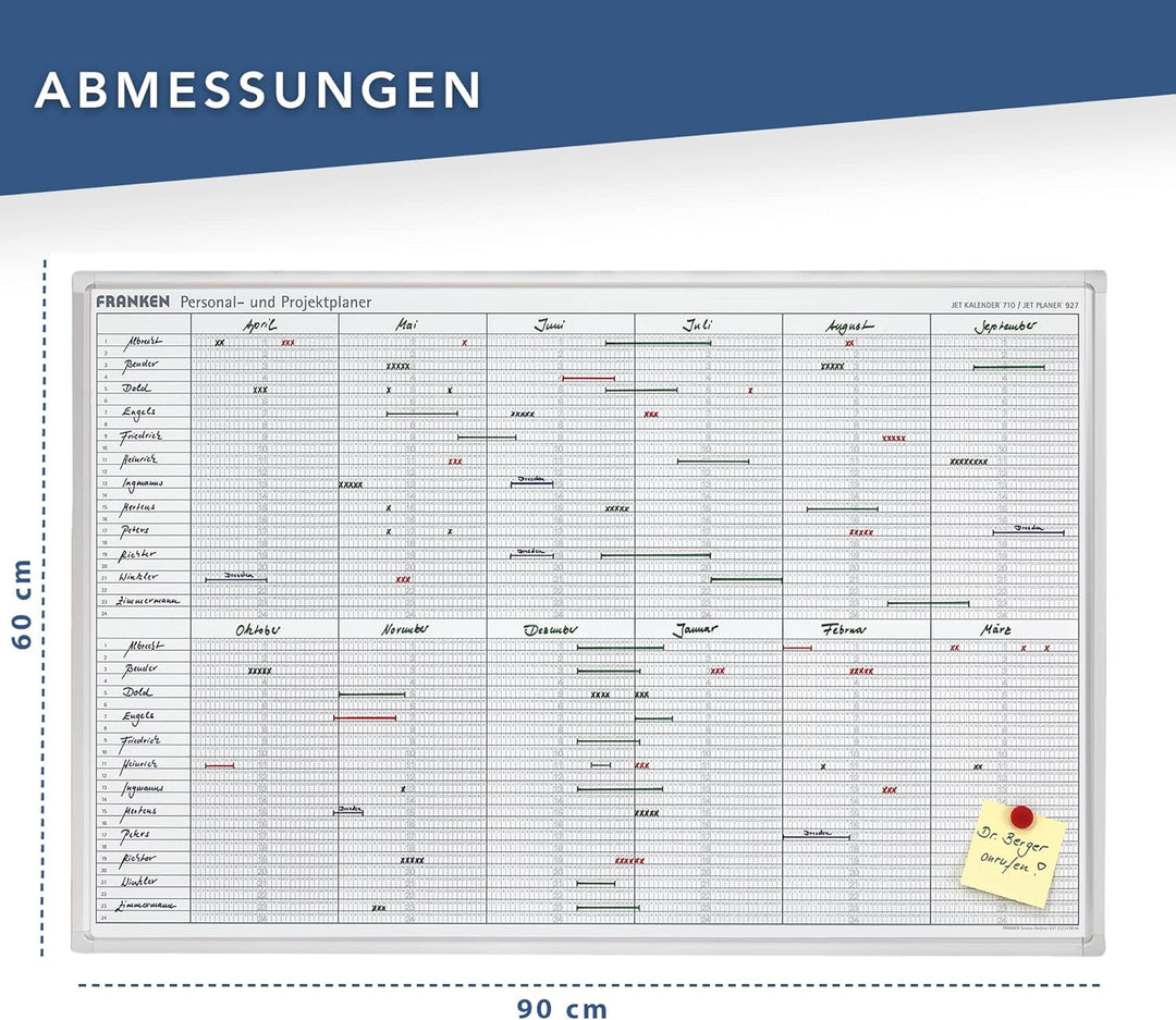 FRANKEN Personal- & Projektplaner über 12 Monate mit 24 Positionen, lackiert, magnetisch, beschreibb