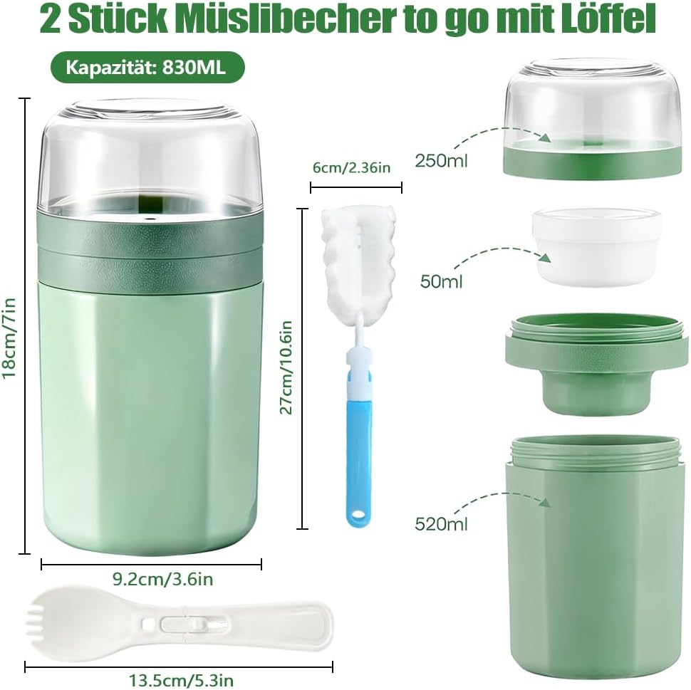 2 Stück Müslibecher to go mit Löffel - 3-Schicht-Design, Joghurtbecher to go Kinder 520ML+250ML mit