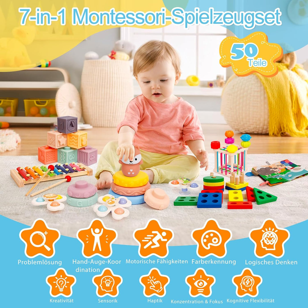 Montessori Spielzeug für Kleinkinder 1–3 Jahre, 7-in-1 Lernspielzeug Aktivitätsset mit Stoffbuch, St