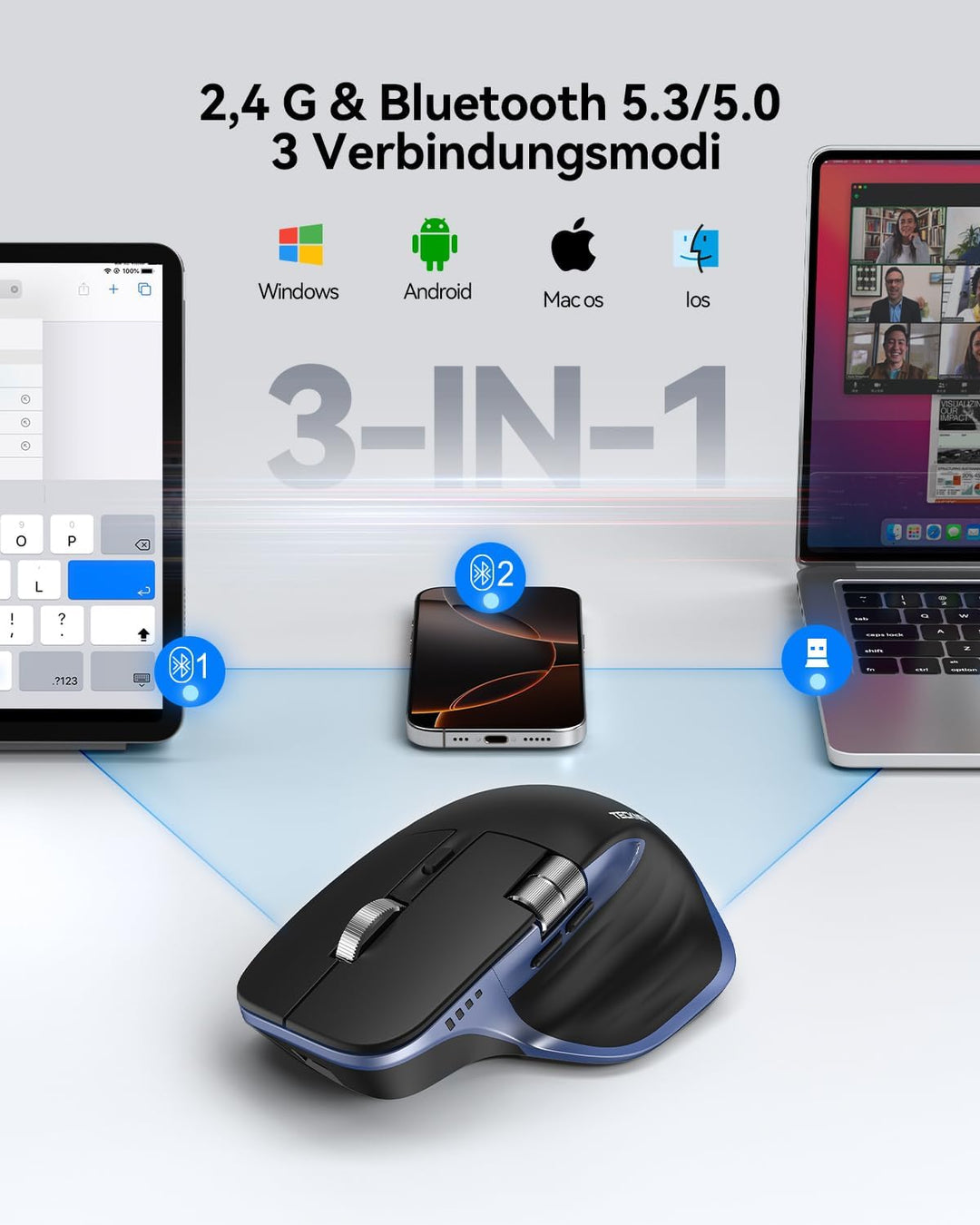 TECKNET Bluetooth kabellose Maus(BT 5.3/5.0+2,4G), Seitliches Mausrad, Superschnelles Scrollen, Wied