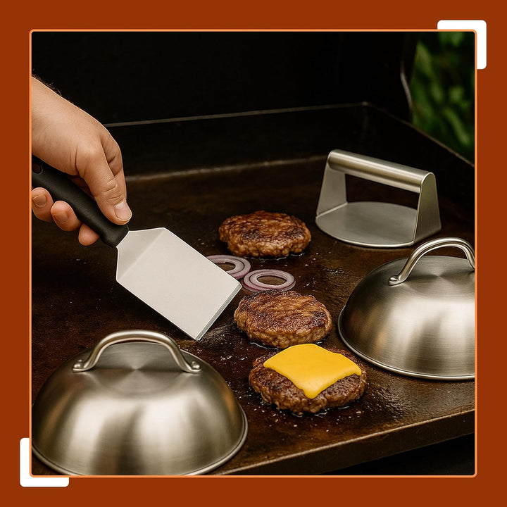 Relaxdays Smash Burger Set, 5-teilig, Burgerpresse, 2 Schmelzglocken & 2 Grillspachteln, Patty Maker