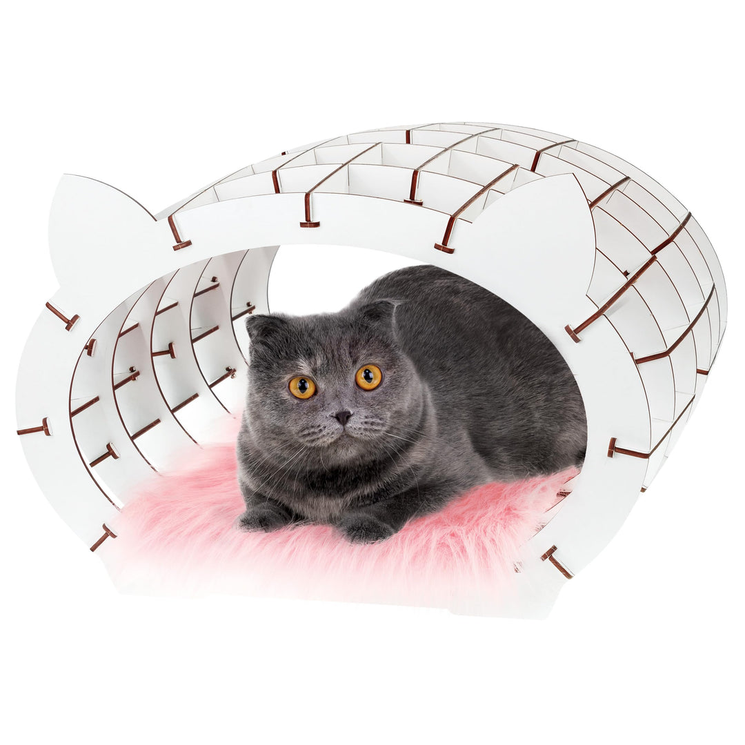 Katzen Haus Modellbau – Katzen Bett Holzpuzzle Erwachsene &amp; Kinder – weisses Haus mit rosa Fell Katz