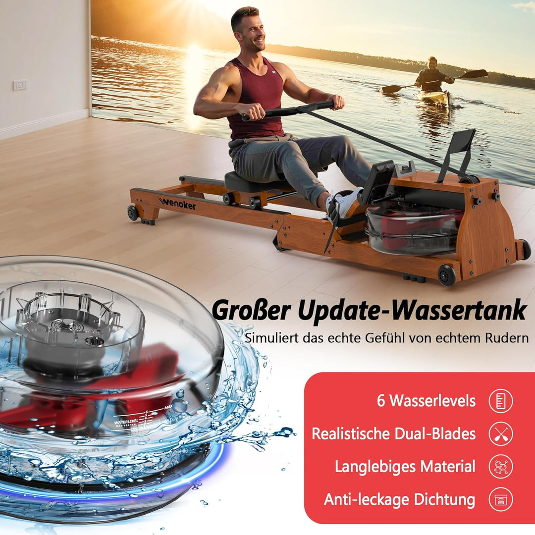 [2026 Testversion] Wenoker Wasser Rudergerät für zuhause Holz Klappbar, Komfortabler Sitz, Bluetooth