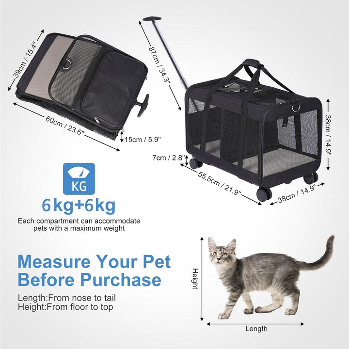 FASNATI Haustier-Tragetasche mit Doppelfach, abnehmbare Räder, für Katze/Hund, Roll-Tragetasche für