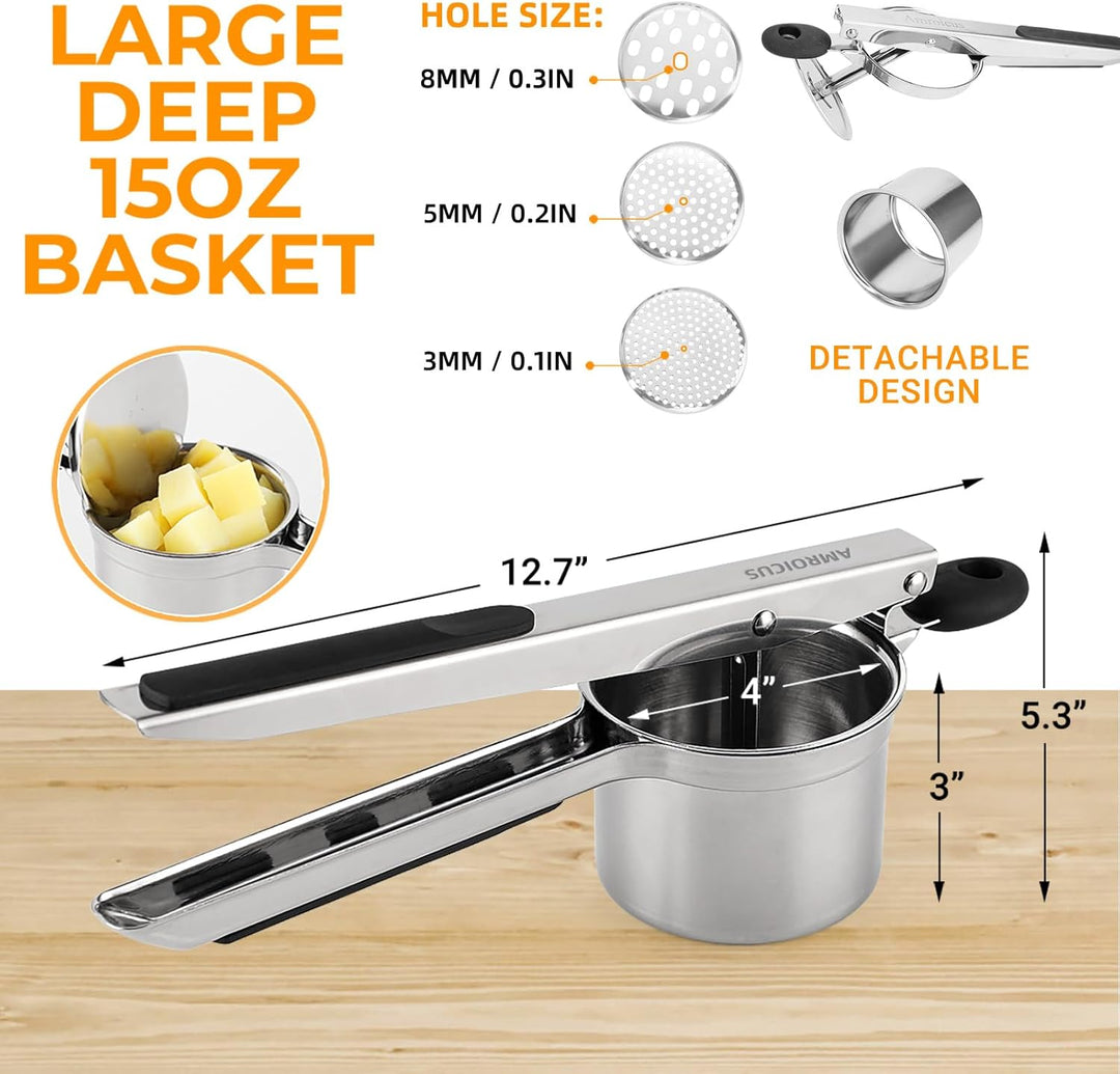 Kartoffelpresse 15oz, robuster Kartoffelstampfer aus Edelstahl mit 3 austauschbaren Scheiben, grosse