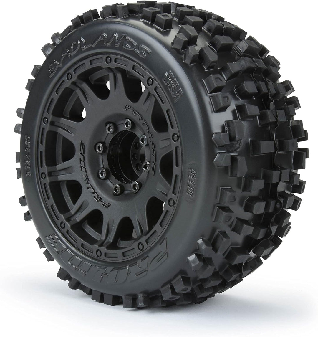 1/8 Badlands F/R 3.8" MT Tires Mounted 17mm Black Raid (2)