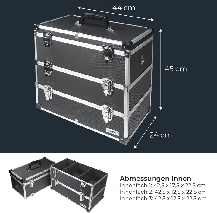 HMF 14661-02 Alu Werkzeugkoffer leer, 3 Etagen, 44 x 45 x 24 cm, schwarz, 3 Etagen