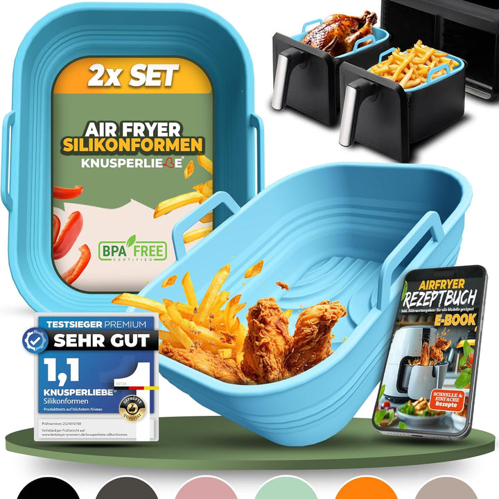 KNUSPERLIEBE® 2x Set Silikonform Faltbar für Airfryer, Heissluftfritteuse, BPA-FREI | Zubehör Ninja