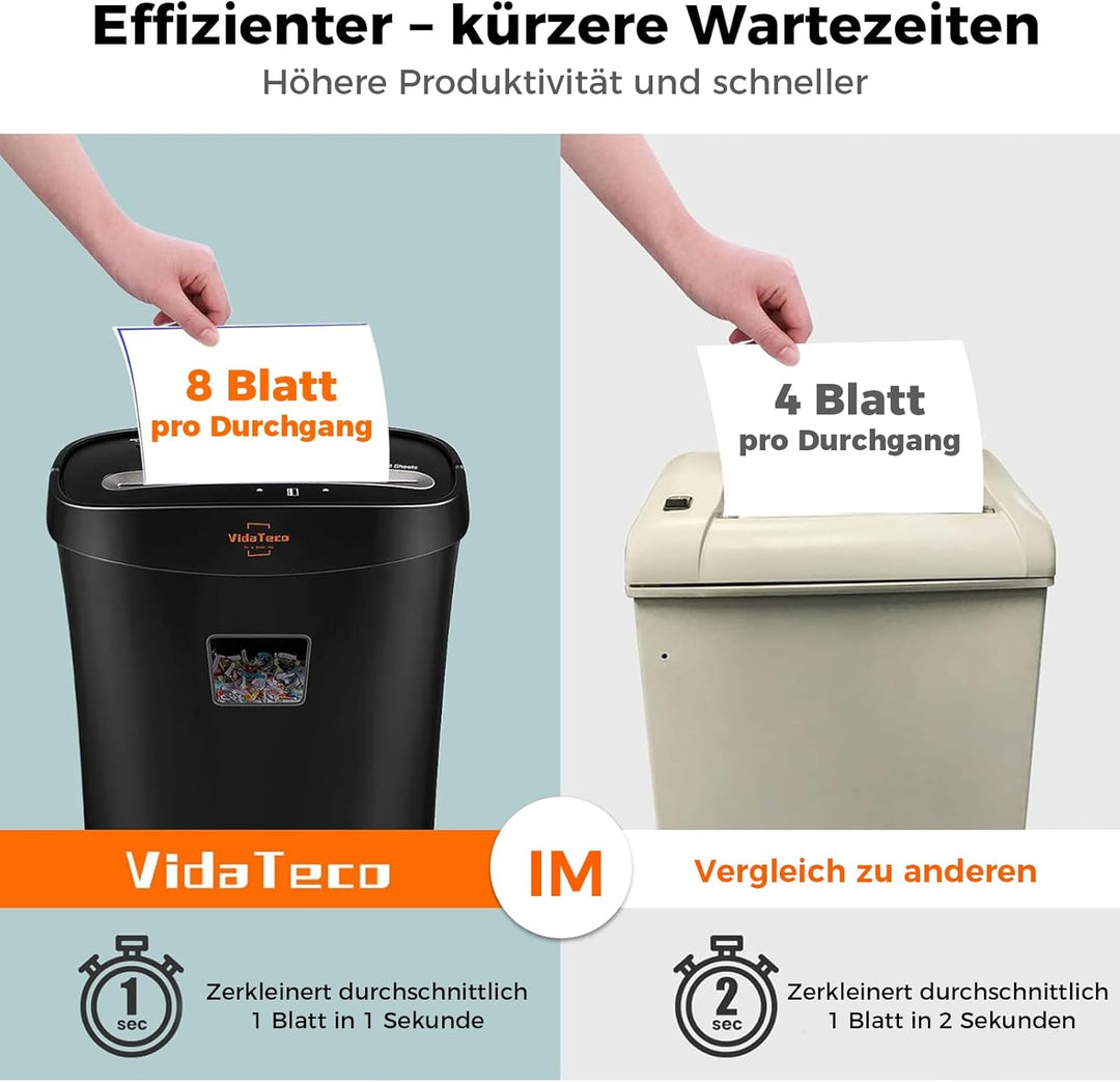 Aktenvernichter, VidaTeco 8 Blatt Kreuzschnitt Papierschredder für Kreditkarten/Heftklammer für Zuha