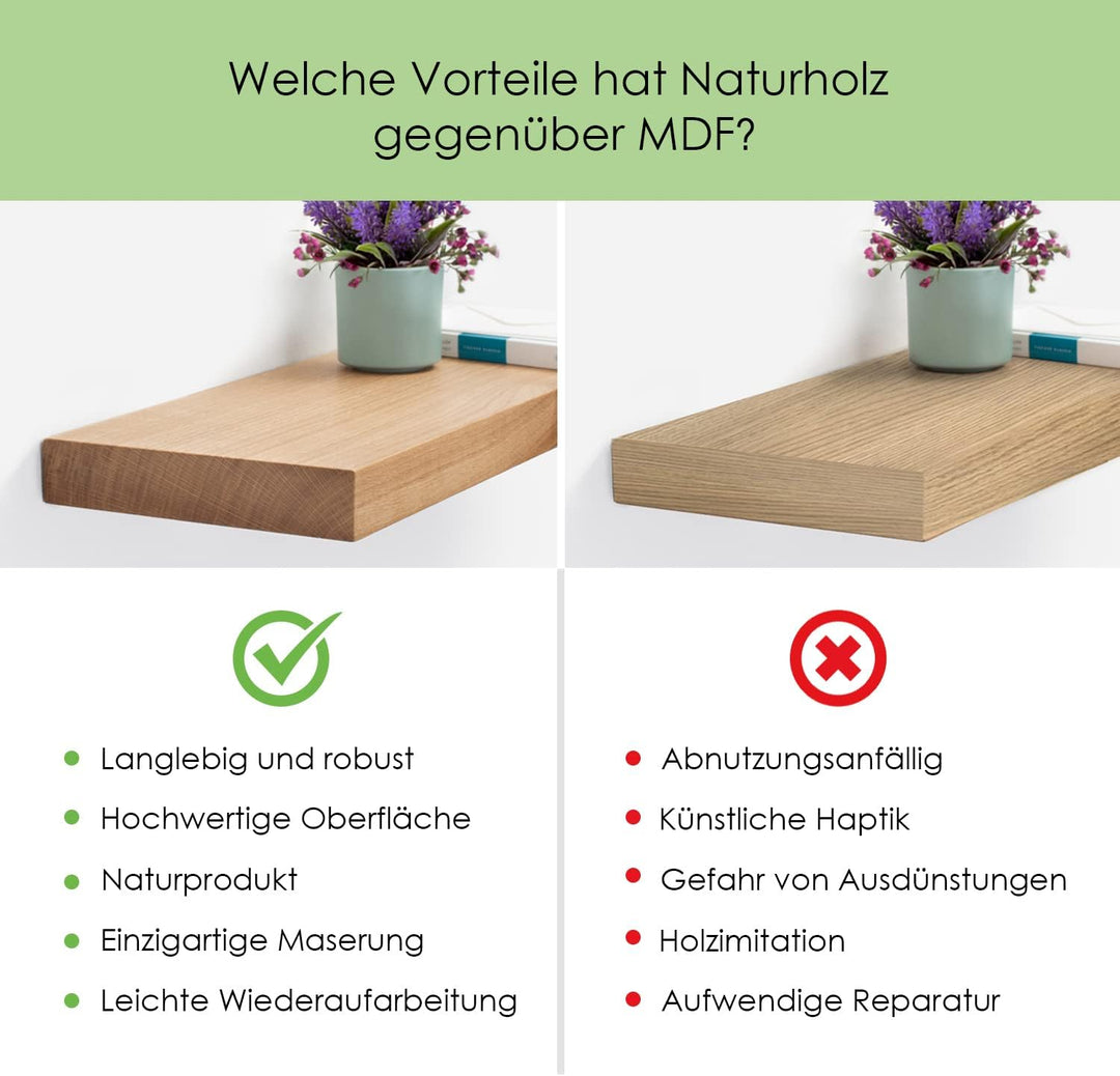 Wandregal Holz Eiche Massiv Schweberegal - Handgefertigtes Regal Bücherregal Holzregal Wandboard HOL