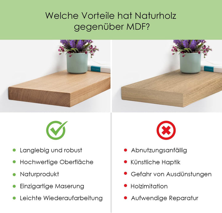 Wandregal Holz Eiche Massiv Schweberegal - Handgefertigtes Regal Bücherregal Holzregal Wandboard HOL