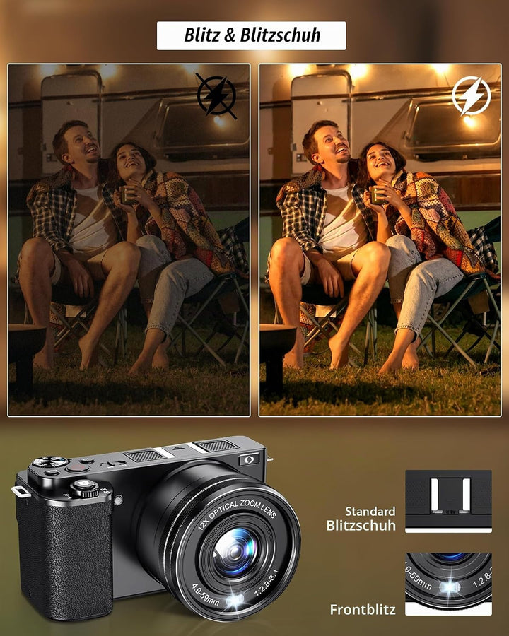 Digitalkamera 1080P, 48 Megapixel 12X Optischer Zoom Fotokamera, optischer Bildstabilisator Vlog Kam