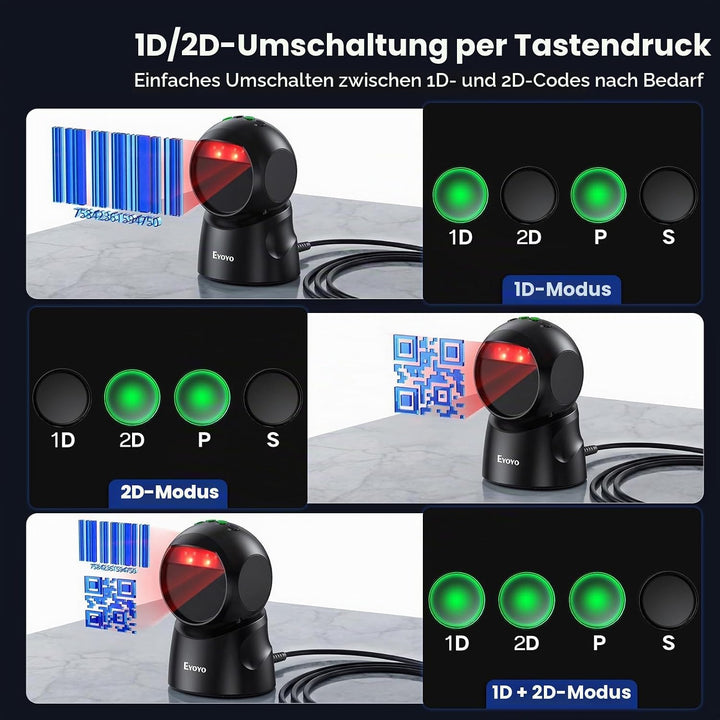 Eyoyo USB-Barcode-Scanner, omnidirektionaler automatischer Barcodeleser, Freisprecheinrichtung, 2D Q